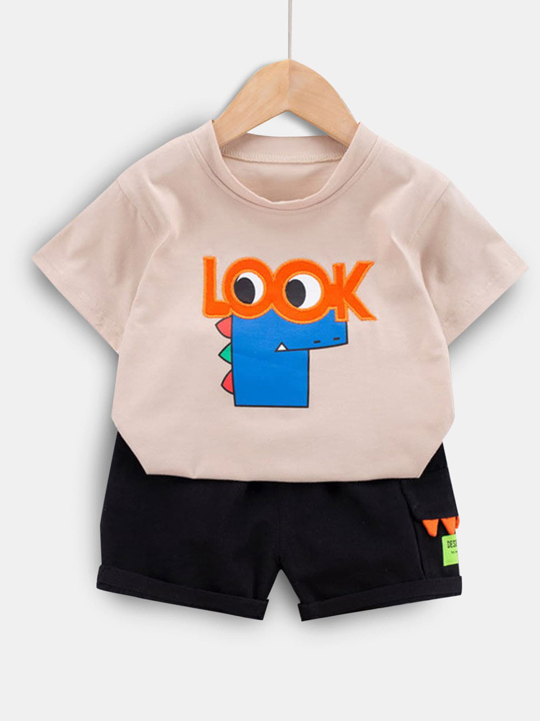 

Hopscotch Boys Beige & Black Printed T-shirt with Shorts