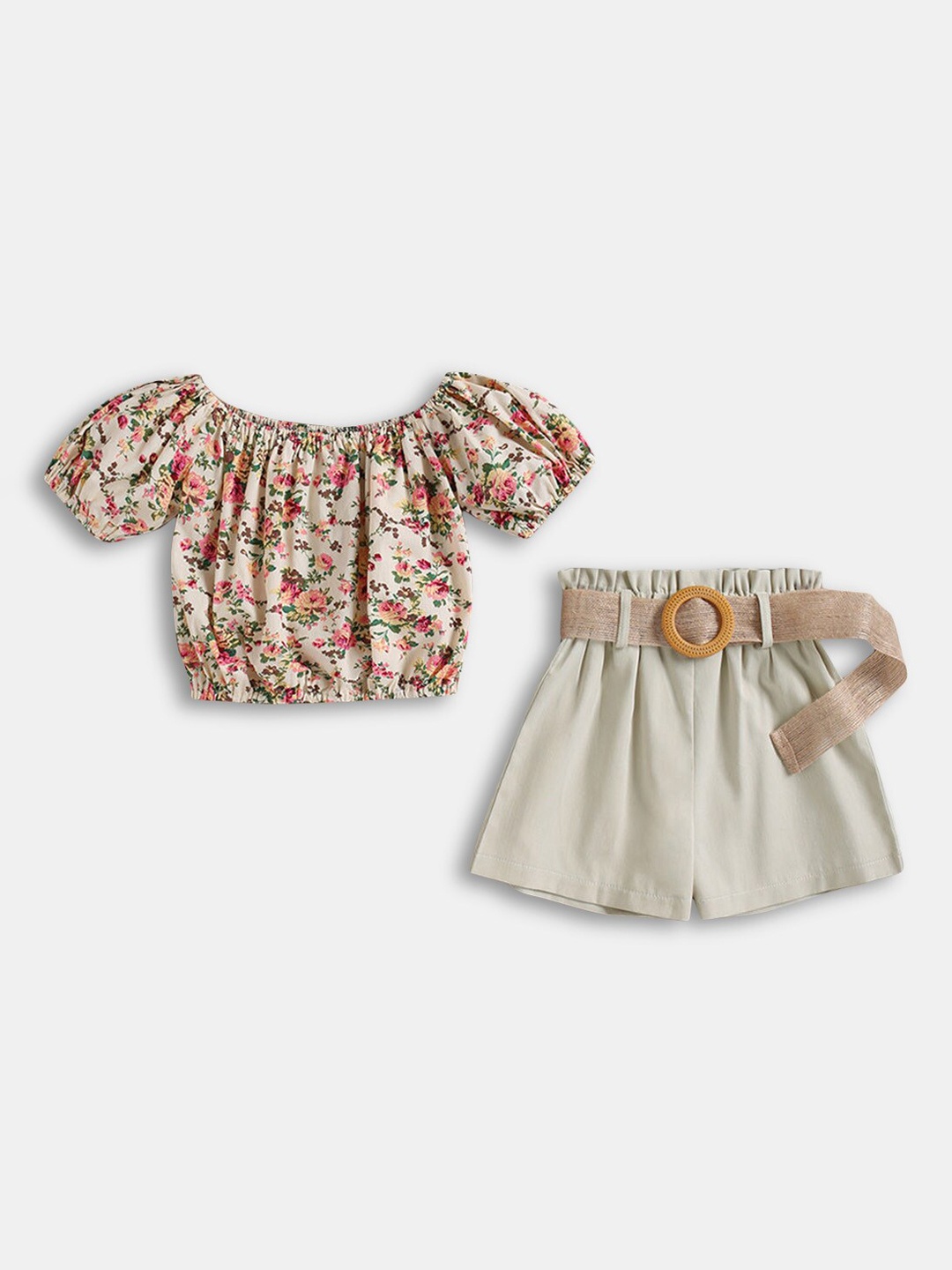 

Hopscotch Girls Pink & Green Printed Top with Skirt