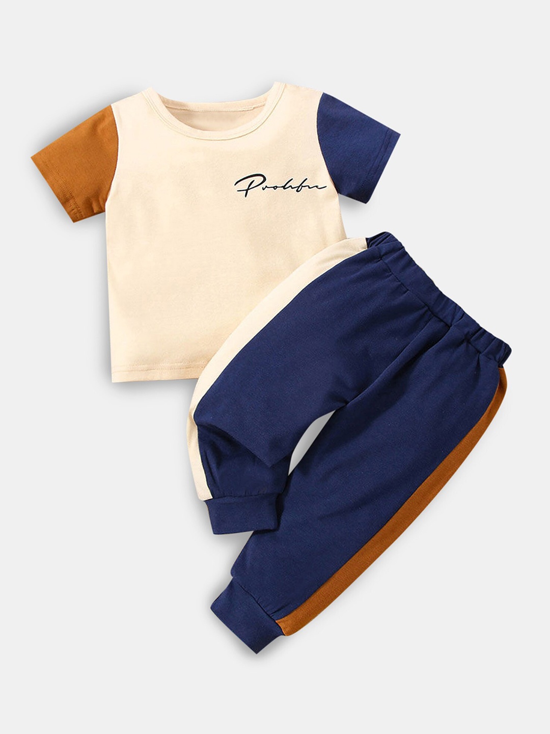 

Hopscotch Boys Beige & Navy Blue Printed T-shirt with Trousers