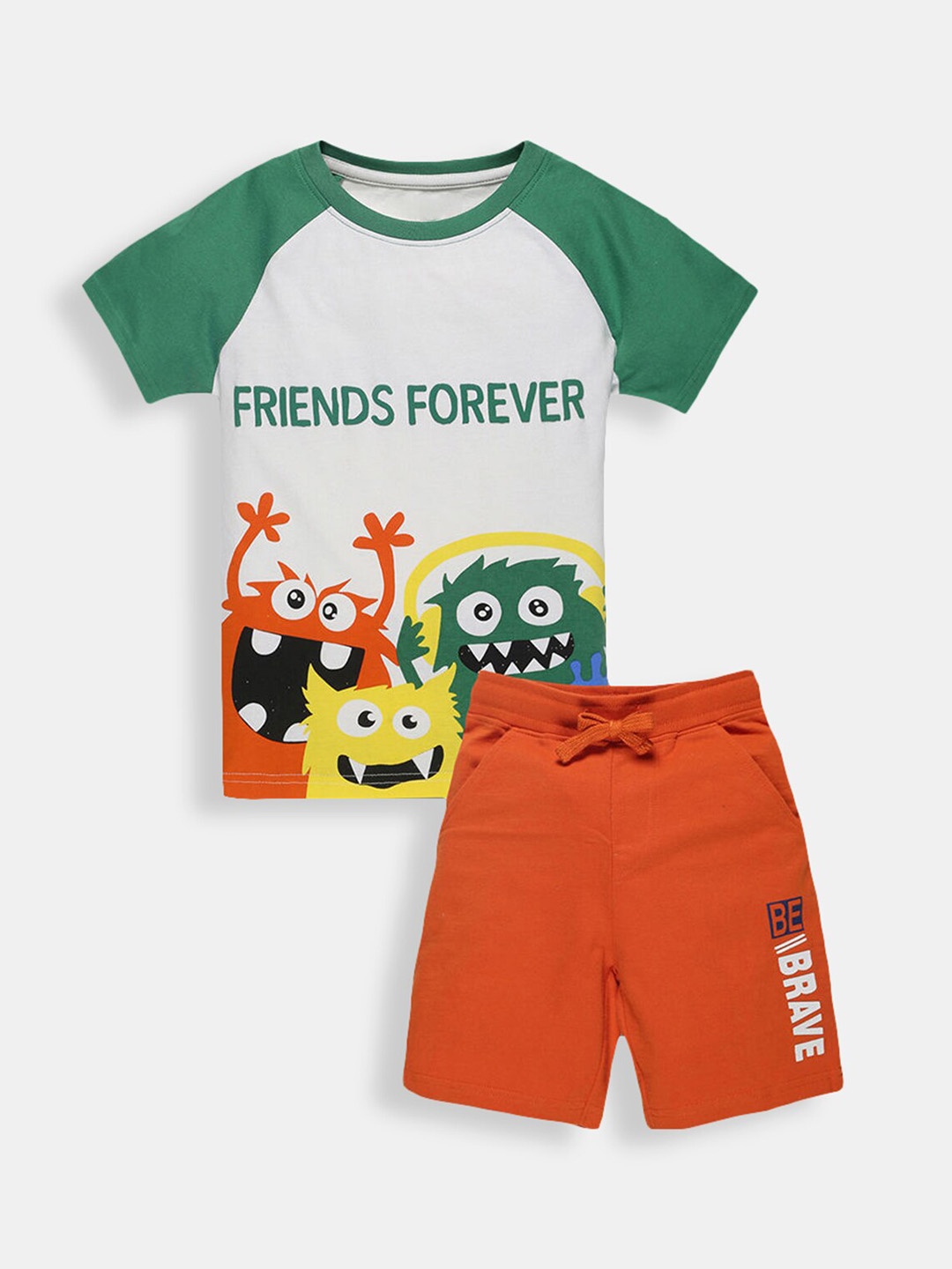 

Hopscotch Boys Green & Orange Printed Cotton T-shirt with Shorts