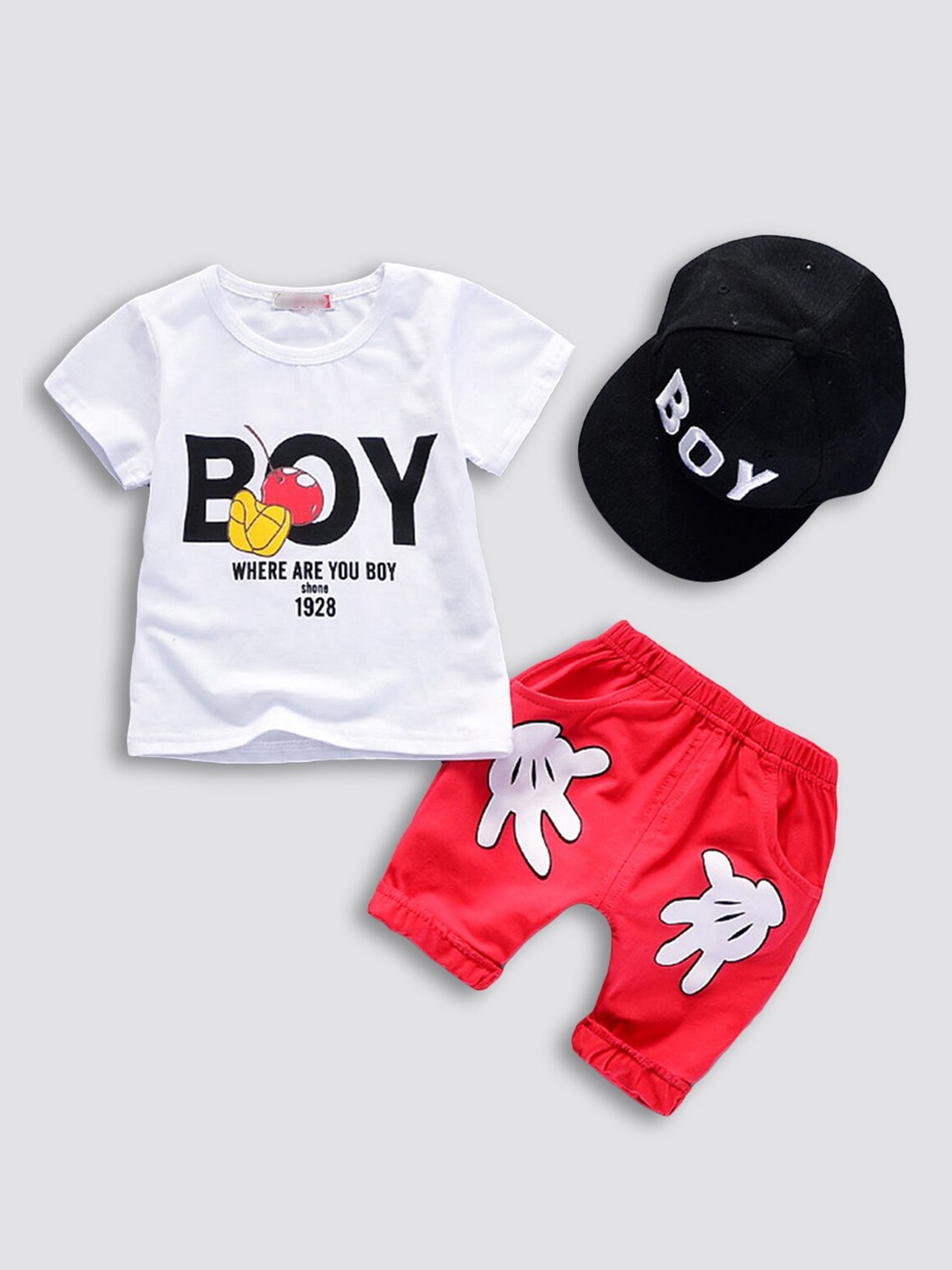 

Hopscotch Boys White & Red Printed Mickey Mouse T-shirt with Trousers