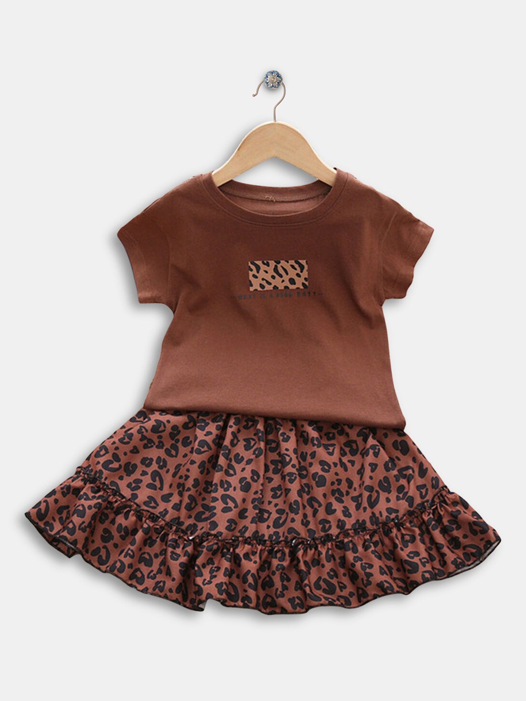 

Hopscotch Girls Brown & Black Printed T-shirt with Skirt