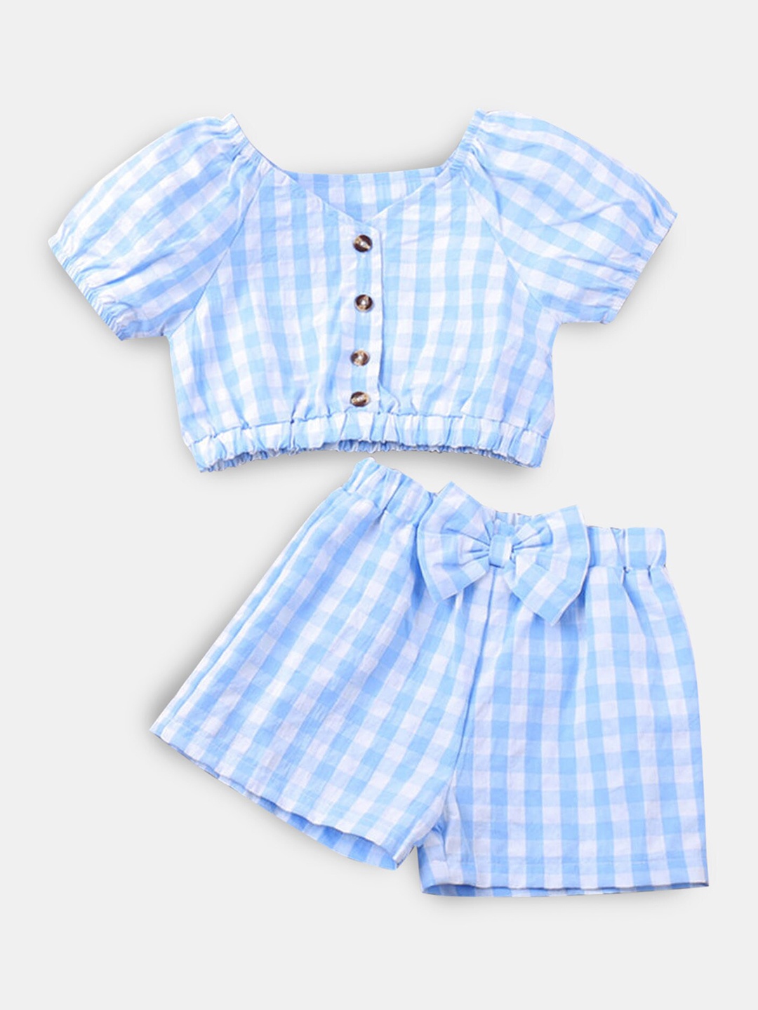 

Hopscotch Girls Blue & White Checked Cotton Top with Shorts