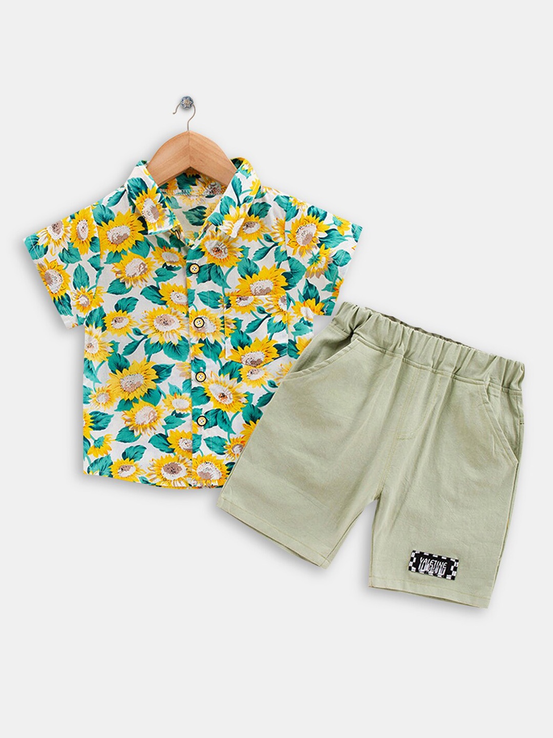 

Hopscotch Boys White & Green Printed Cotton Shirt with Shorts