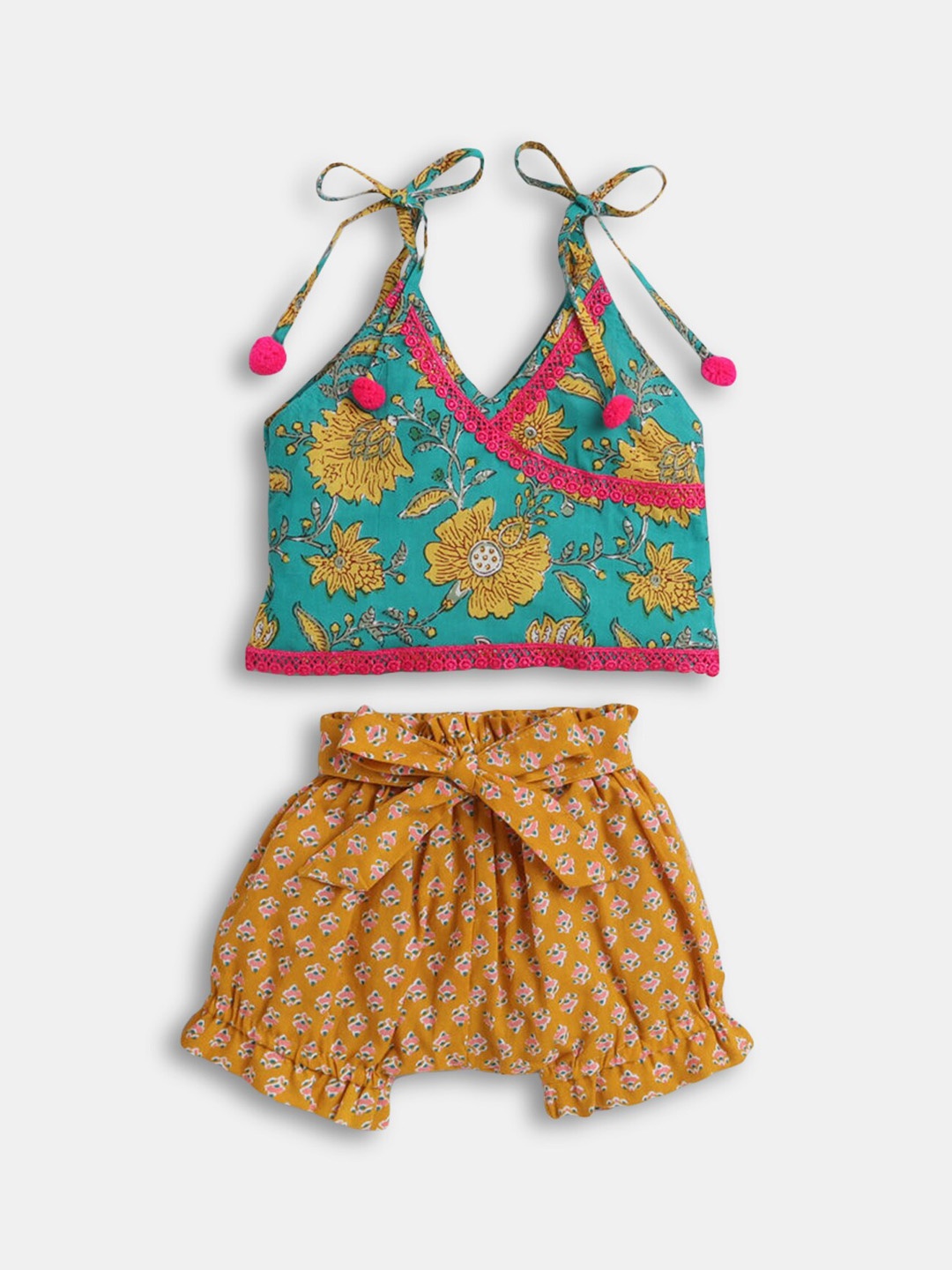

Hopscotch Girls Green & Mustard Printed Top with Shorts