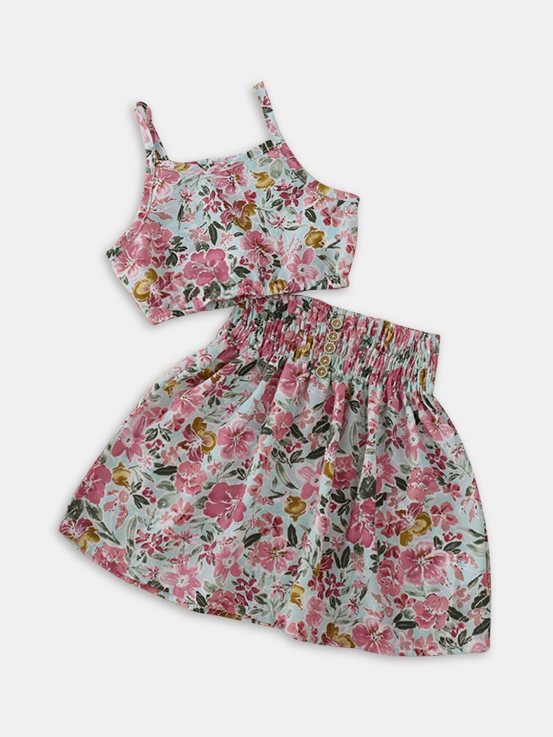 

Hopscotch Girls Blue & Pink Printed Top with Skirt