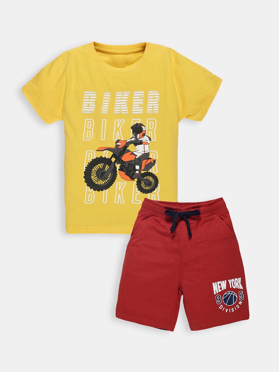

Hopscotch Boys Yellow & Red Printed T-shirt with Shorts