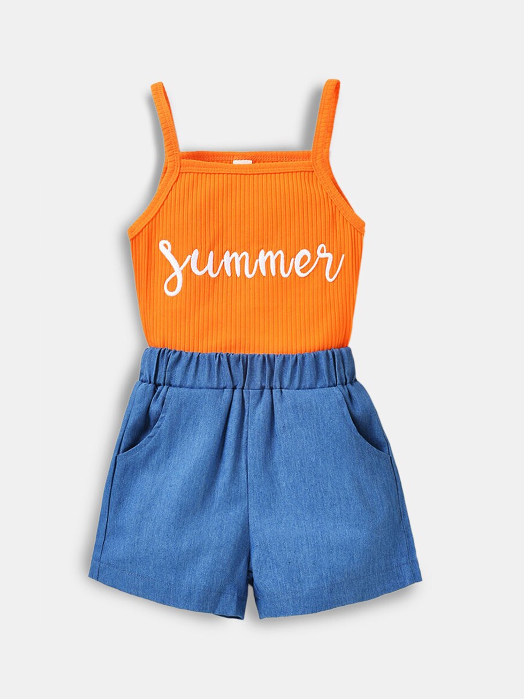 

Hopscotch Girls Orange & Blue Printed Top with Shorts