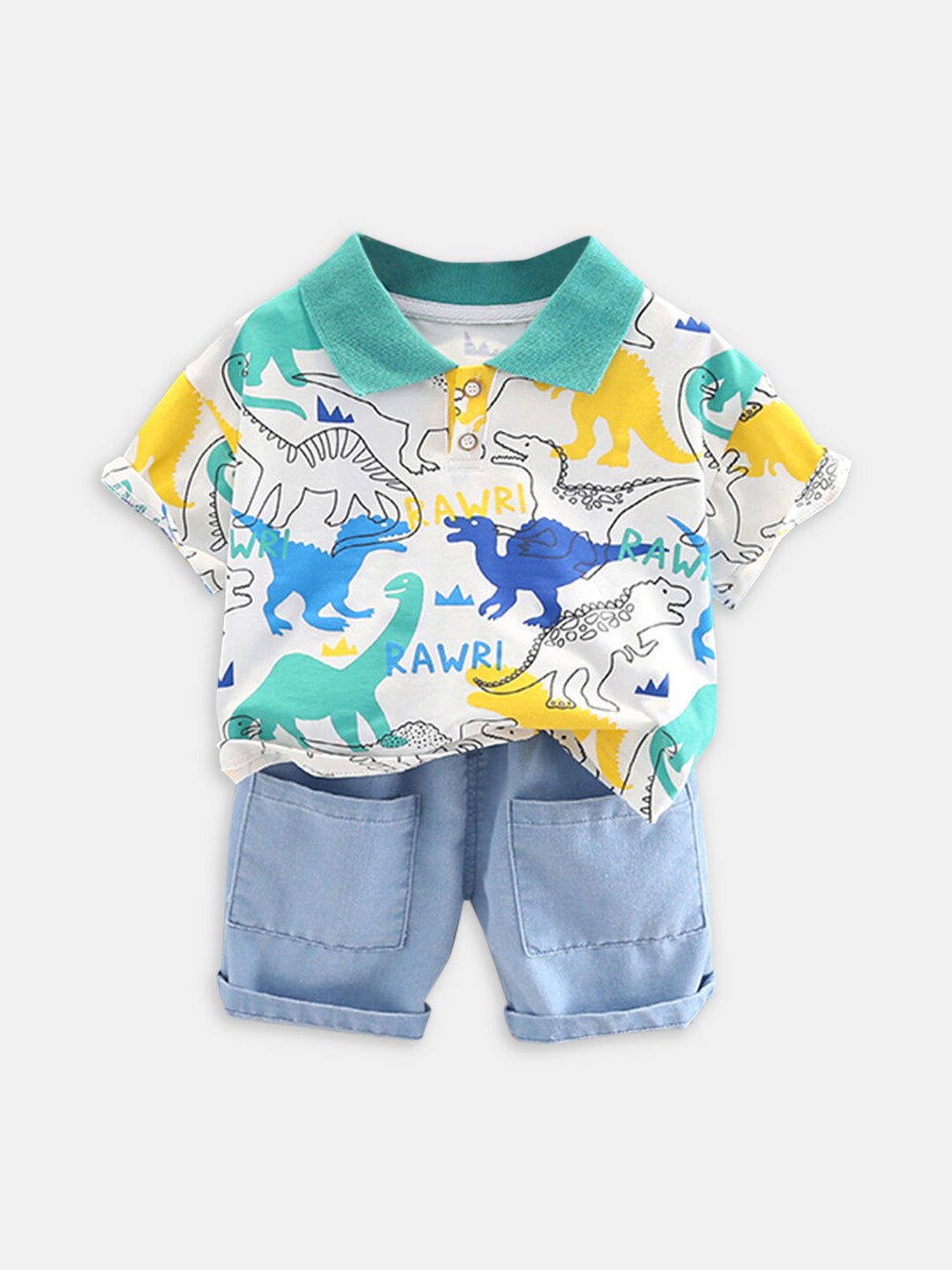 

Hopscotch Boys White & Green Printed T-shirt with Shorts