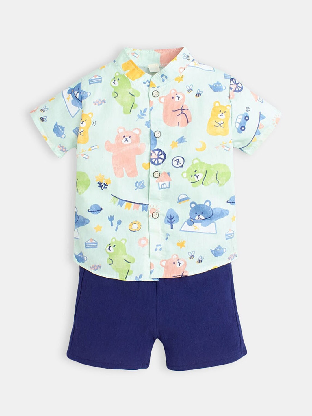 

Hopscotch Boys Green & Blue Printed Shirt with Shorts