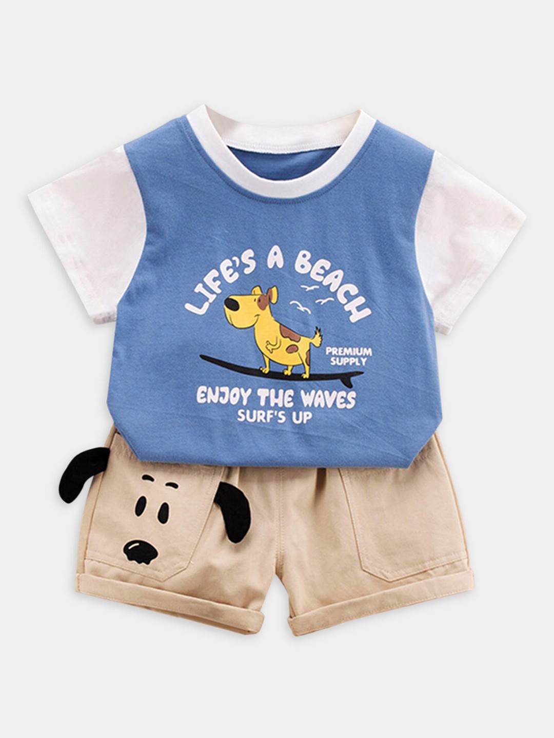 

Hopscotch Boys Blue & Brown Printed T-shirt with Shorts