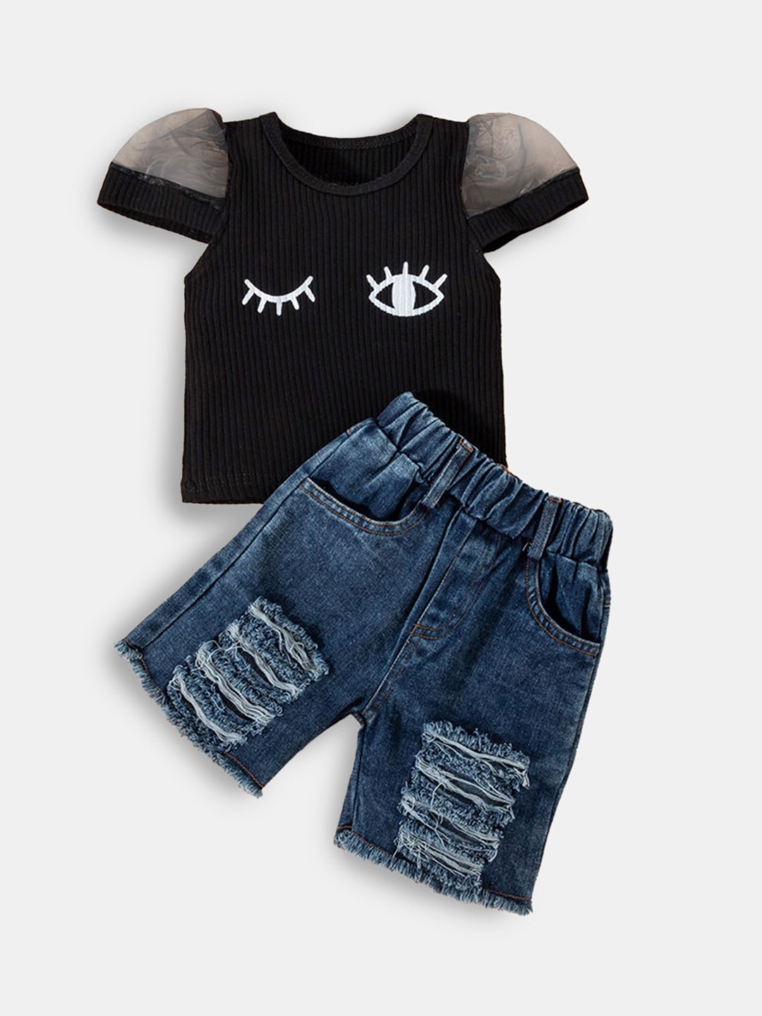 

Hopscotch Girls Black & Blue Printed T-shirt with Shorts