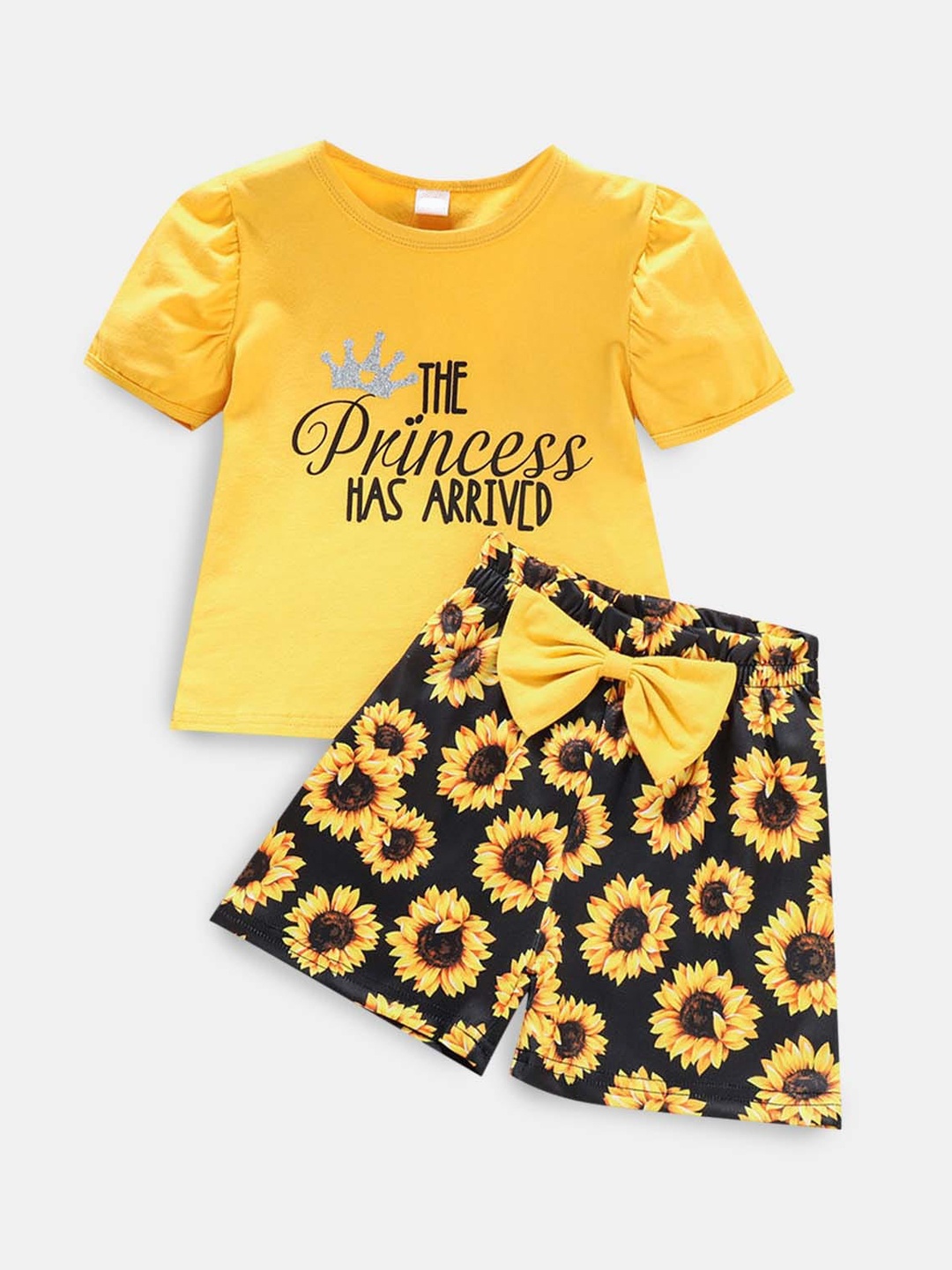 

Hopscotch Girls Yellow & Black Printed T-shirt With Shorts Set