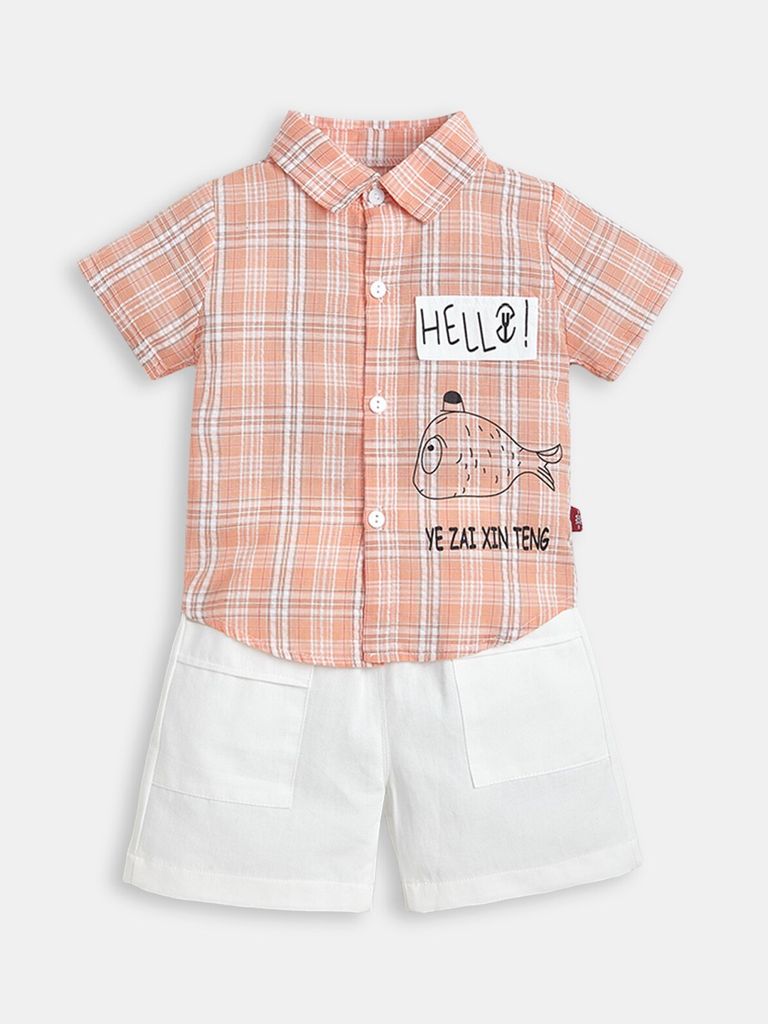 

Hopscotch Boys Orange & White Checked Shirt With Shorts Set