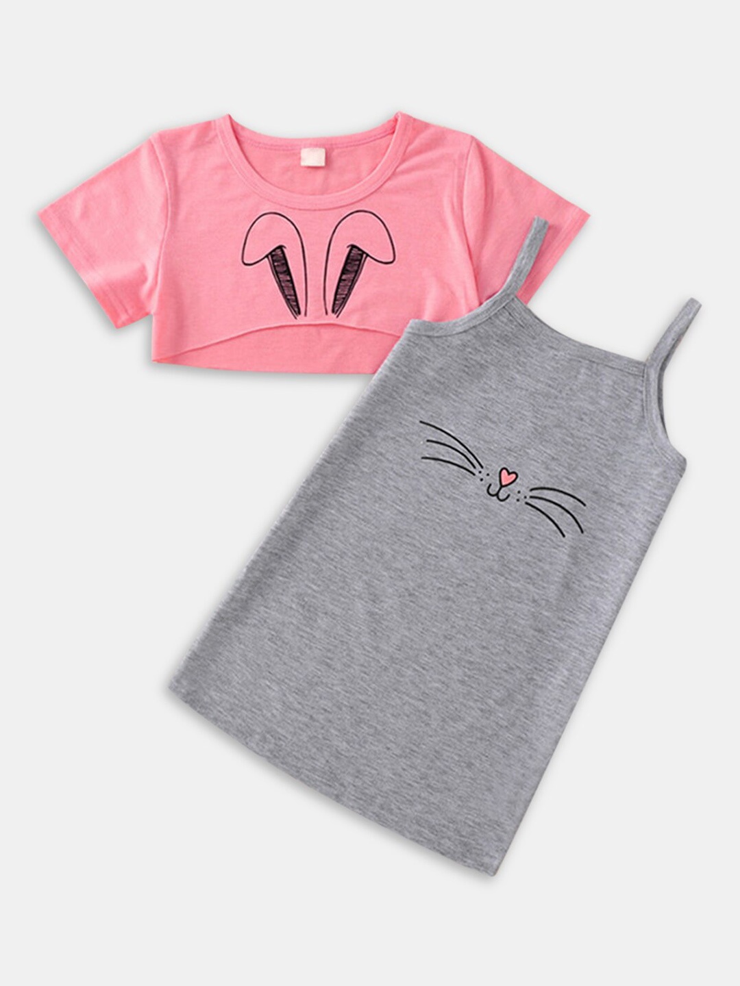 

Hopscotch Kids Girls Pack Of 2 Pink & Grey Print Crop Top & Regular Top