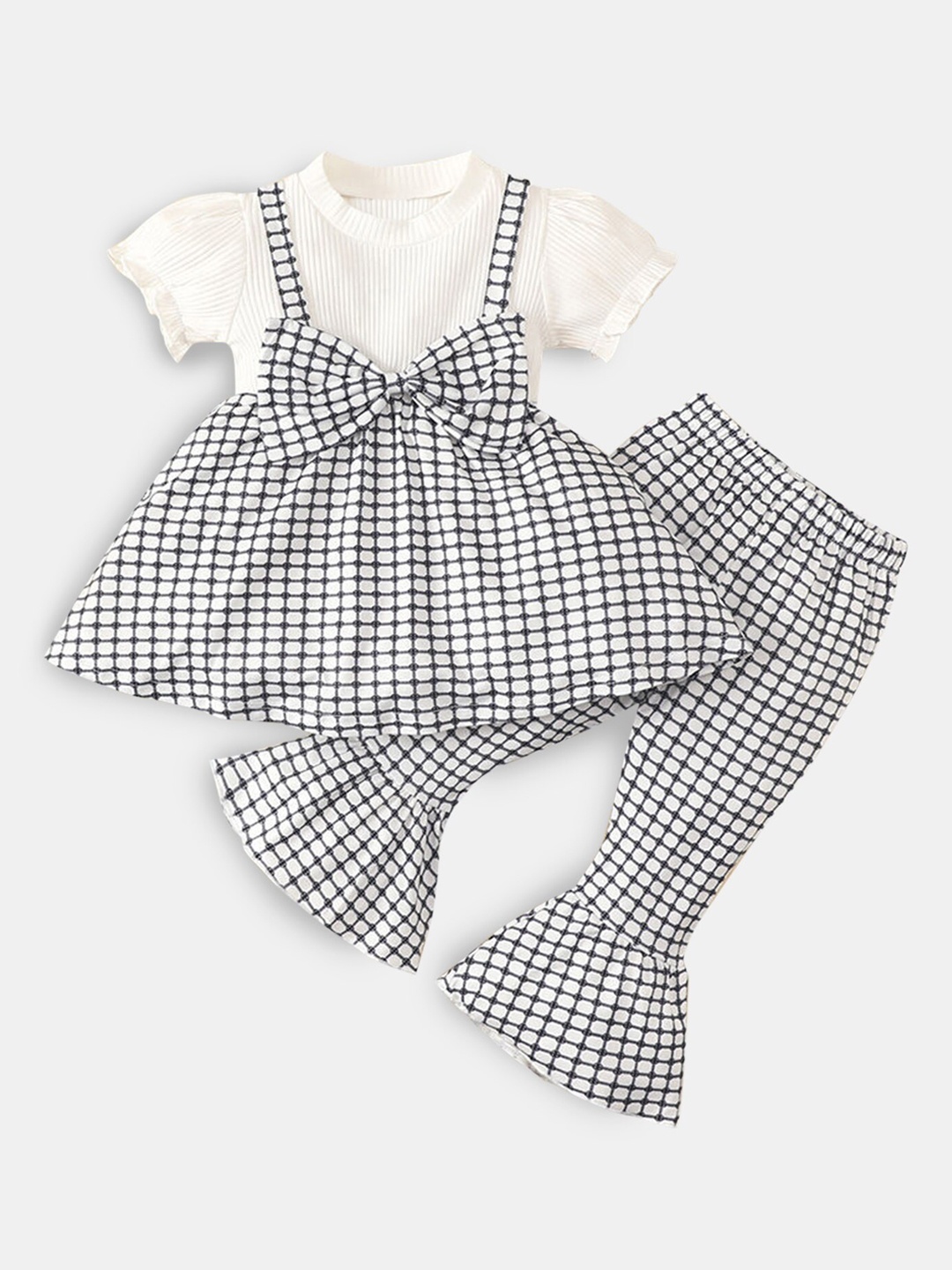 

Hopscotch Girls Black & White Checked Top With Flared Trousers Set