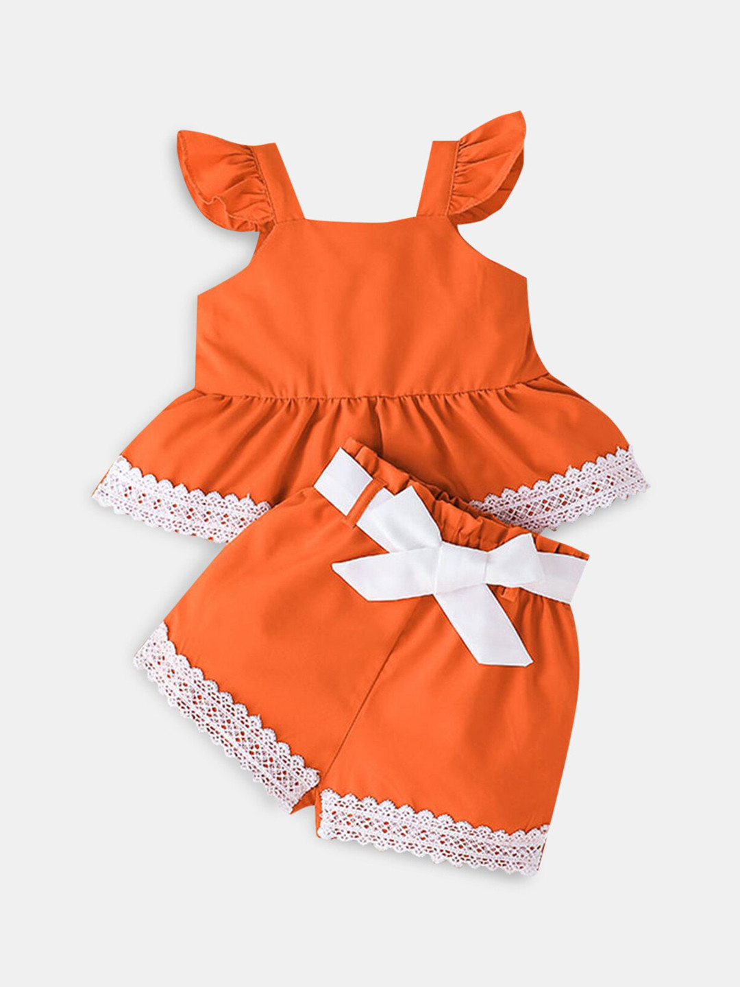 

Hopscotch Kids Girls Brown & White Cap Sleeves Top With Shorts Set