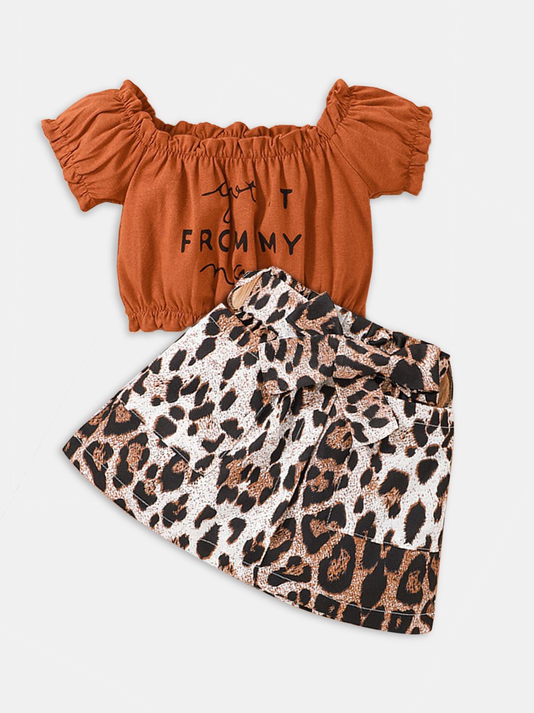 

Hopscotch Kids Girls Brown & White Animal Printed Cuffed Sleeves Top With Skirt Set