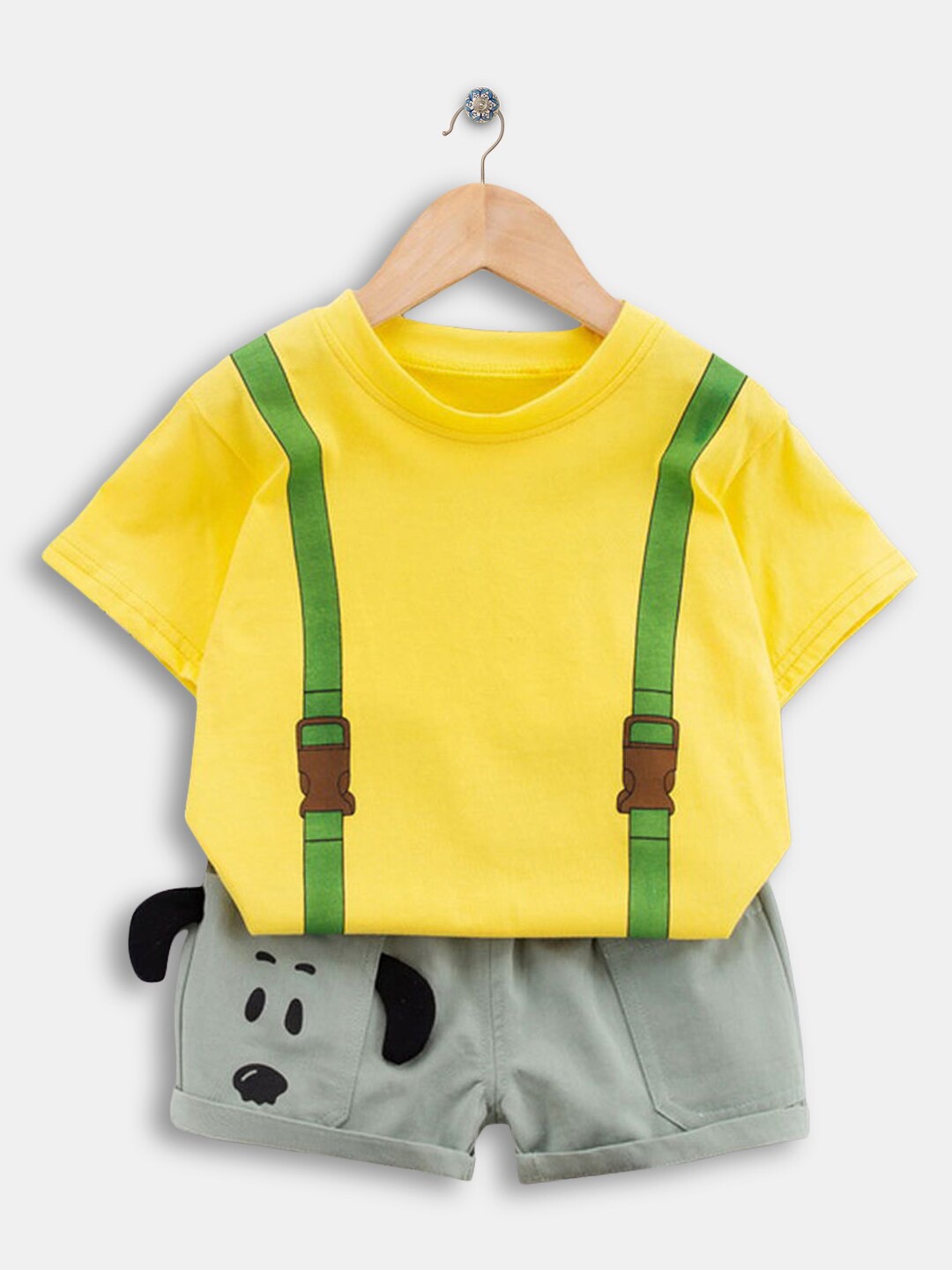 

Hopscotch Kids Boys Yellow & Green Graphic Printed T-shirt With Shorts Set
