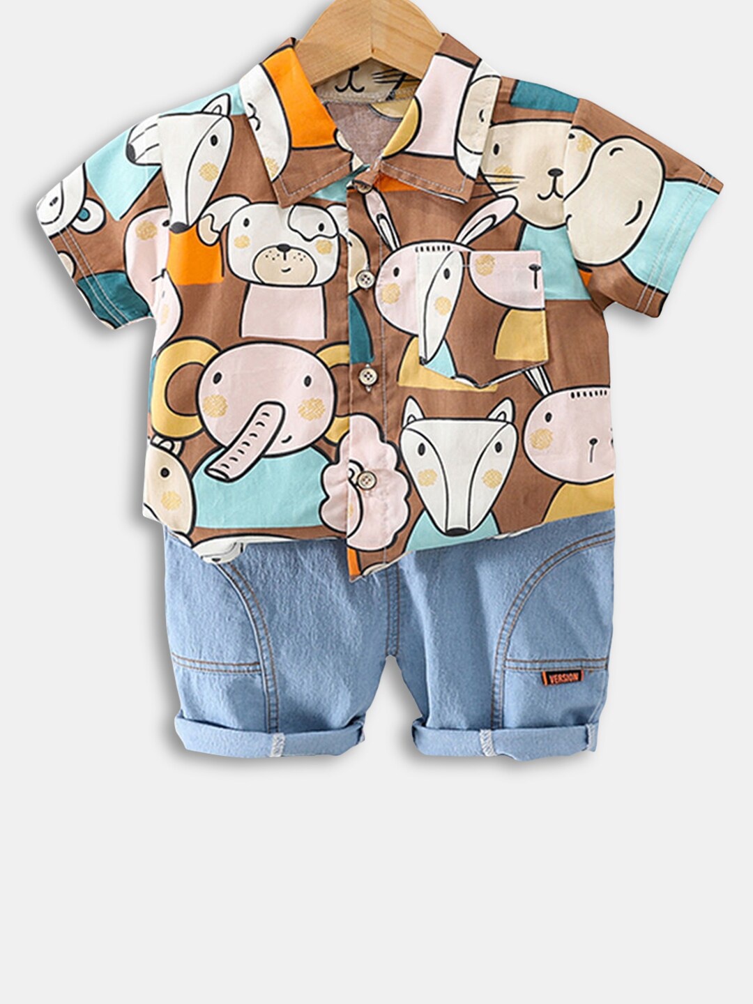 

Hopscotch Kids Boys Brown & Blue Animal Printed Shirt With Shorts Set