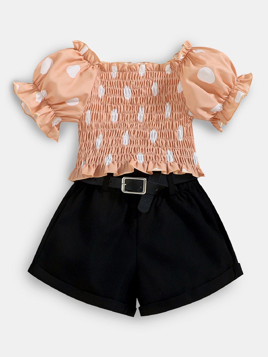 

Hopscotch Kids Girls Pink & Black Polka Dot Printed Smocked Top With Shorts Set
