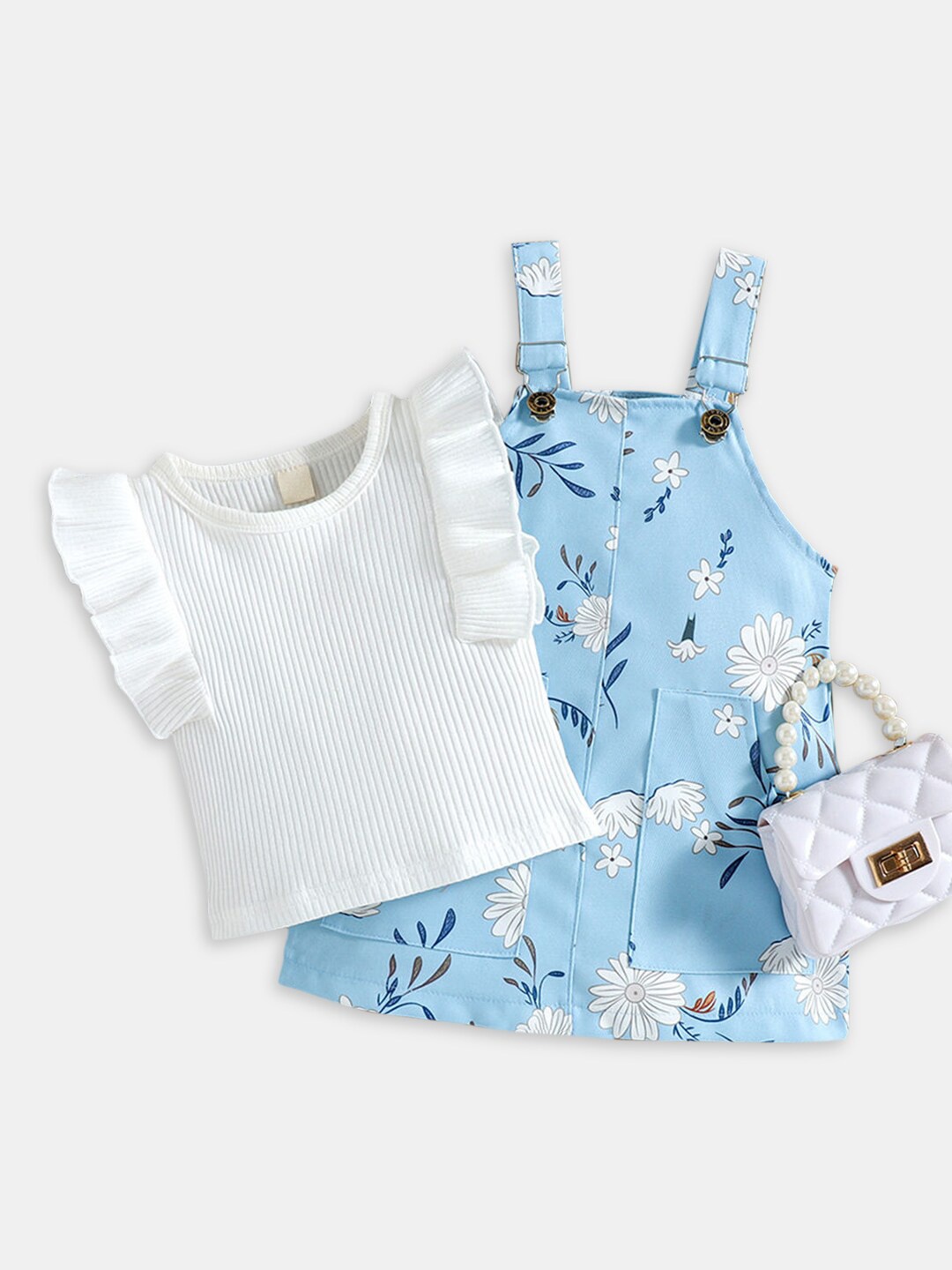 

Hopscotch Girls Blue & White Printed T-Shirt With Dungarees Skirts Set