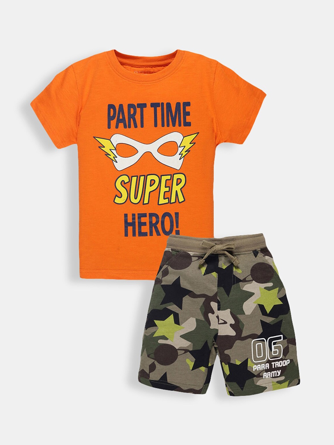 

Hopscotch Boys Orange & Green Camouflage Printed T-shirt With Shorts Set