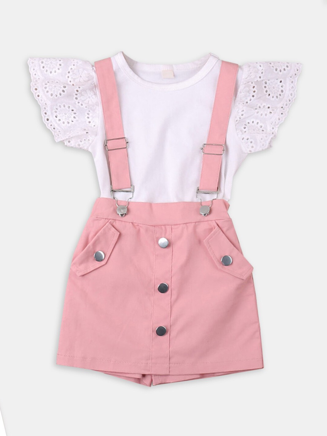 

Hopscotch Girls White & Pink Printed T-Shirt With Dungarees Skirts Set