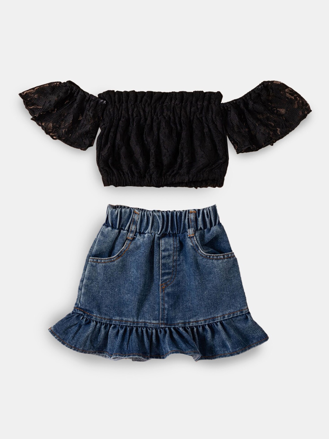 

Hopscotch Kids Girls Black & Blue Top With Denim Skirt Set