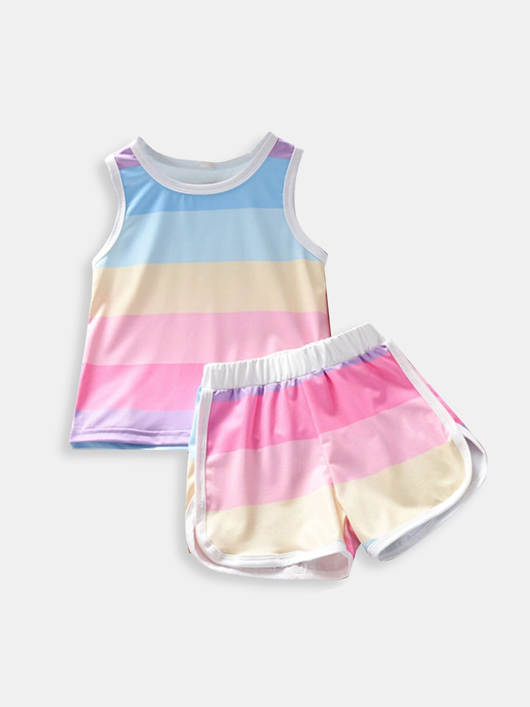 

Hopscotch Kids Girls Blue & Yellow Striped T-shirt With Shorts Set
