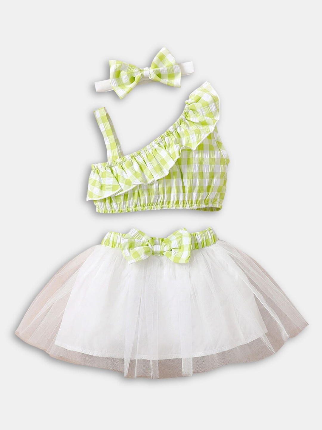 

Hopscotch Kids Girls Green & White Checked Top With Skirt Set With Headband