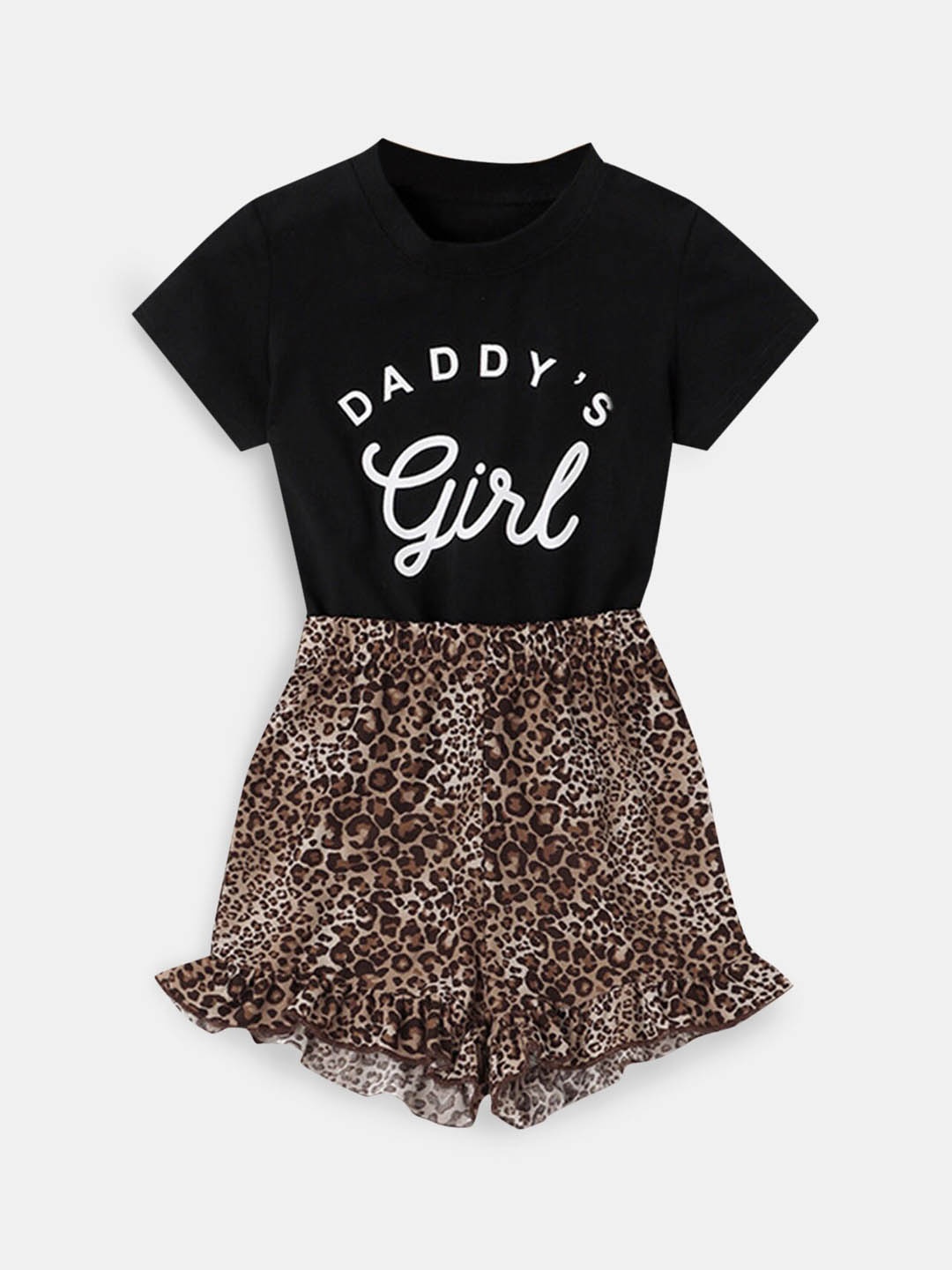 

Hopscotch Kids Girls Black & Brown Printed T-shirt With Animal Print Shorts