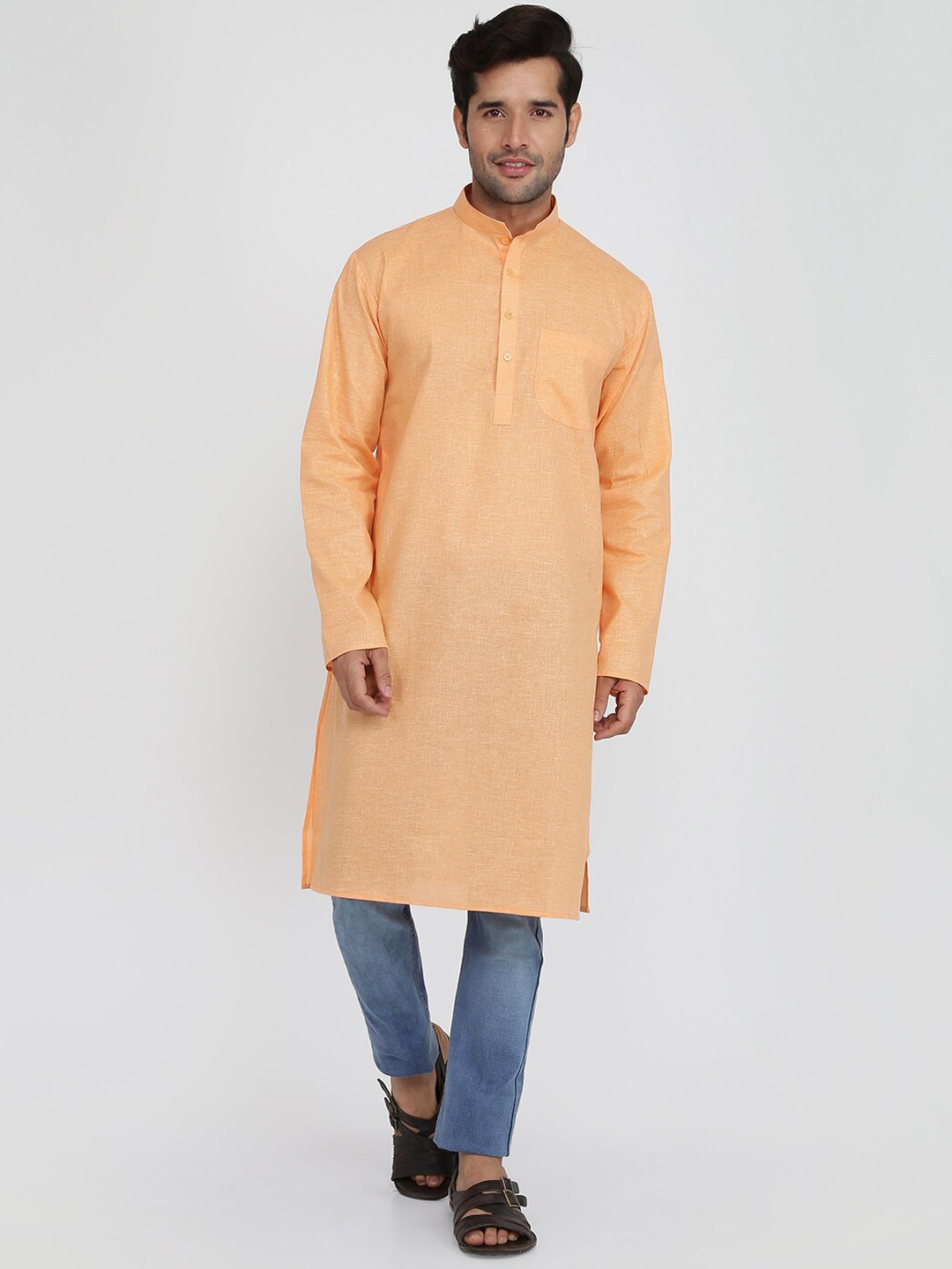 

ROYAL KURTA Men Orange Thread Work Summer Sheers Kurta