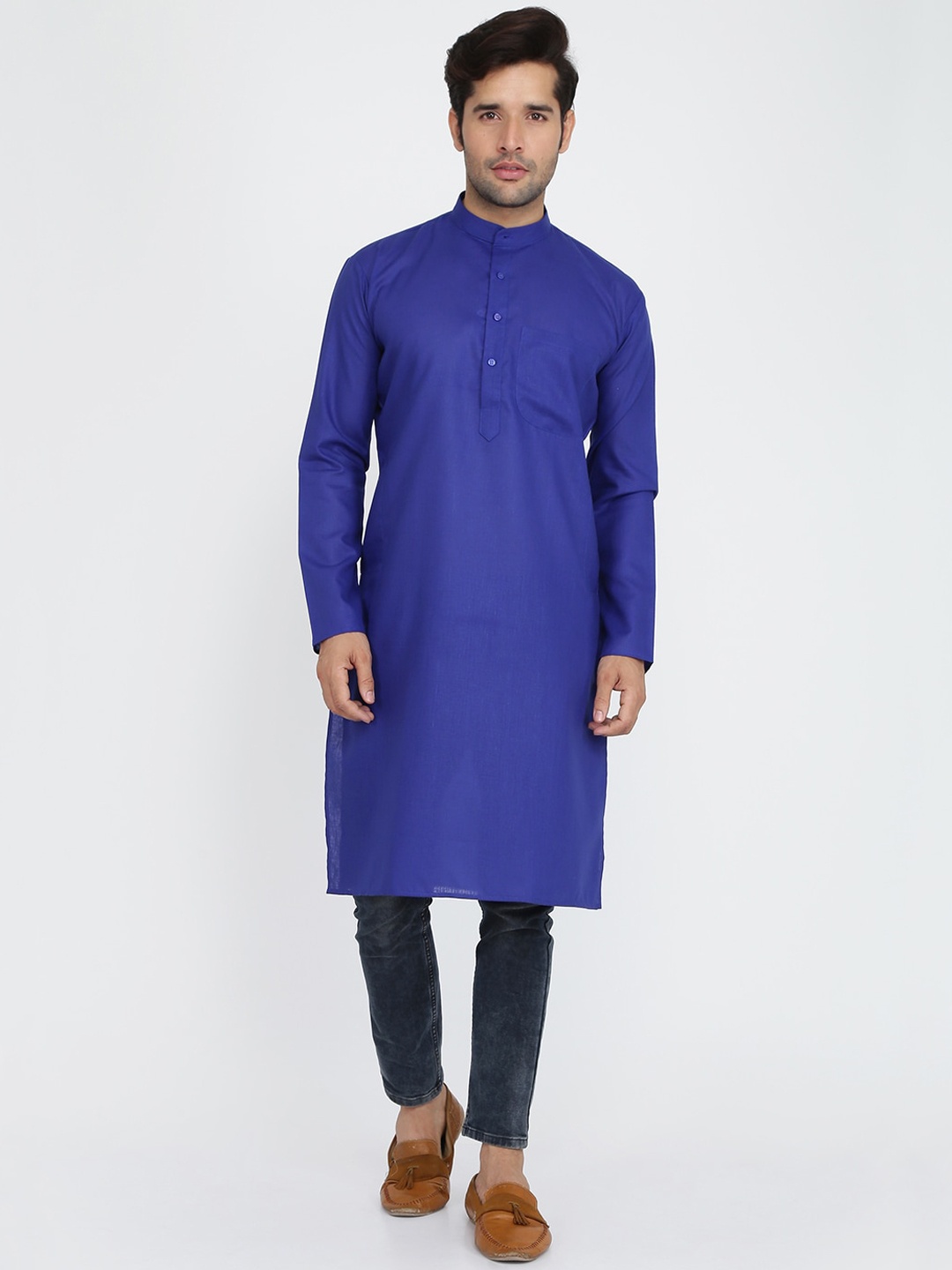 

ROYAL KURTA Men Blue Thread Work Khadi Summer Sheers Kurta