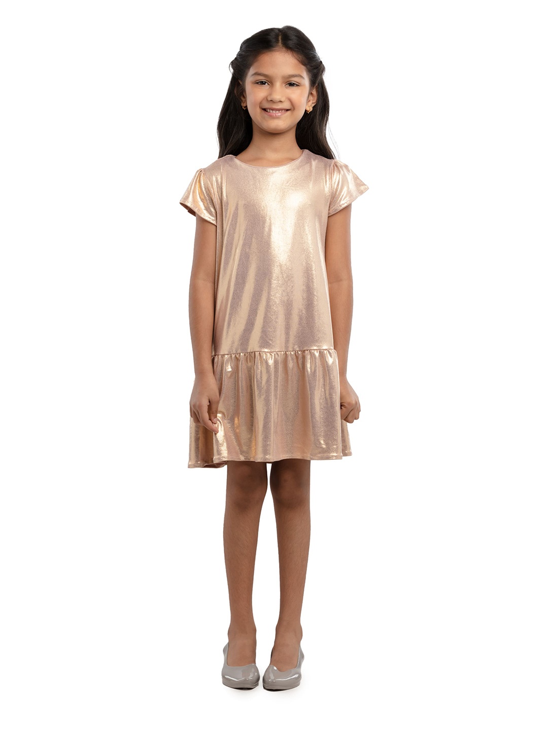 

UNDER FOURTEEN ONLY Gold-Toned Girls Solid Drop-Waist Dress