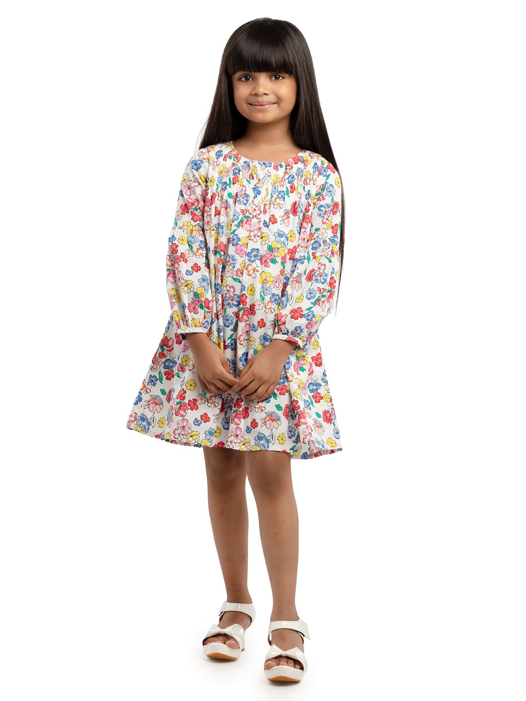 

UNDER FOURTEEN ONLY Girls Multicolour Floral Printed Dress, Off white