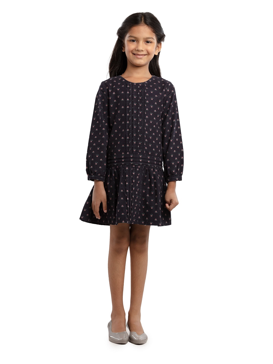 UNDER FOURTEEN ONLY Girls Navy Blue Printed Drop-Waist Dress
