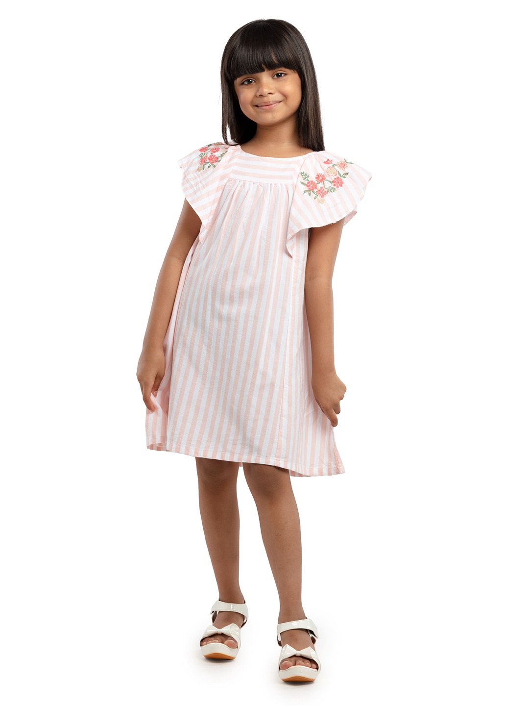 

UNDER FOURTEEN ONLY Girls Peach and White Striped A-Line Dress