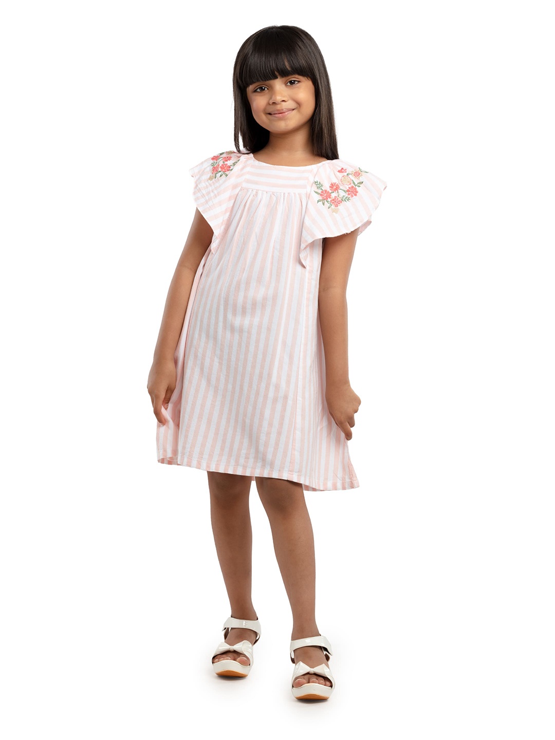 

UNDER FOURTEEN ONLY Girls Peach and White Striped A-Line Dress