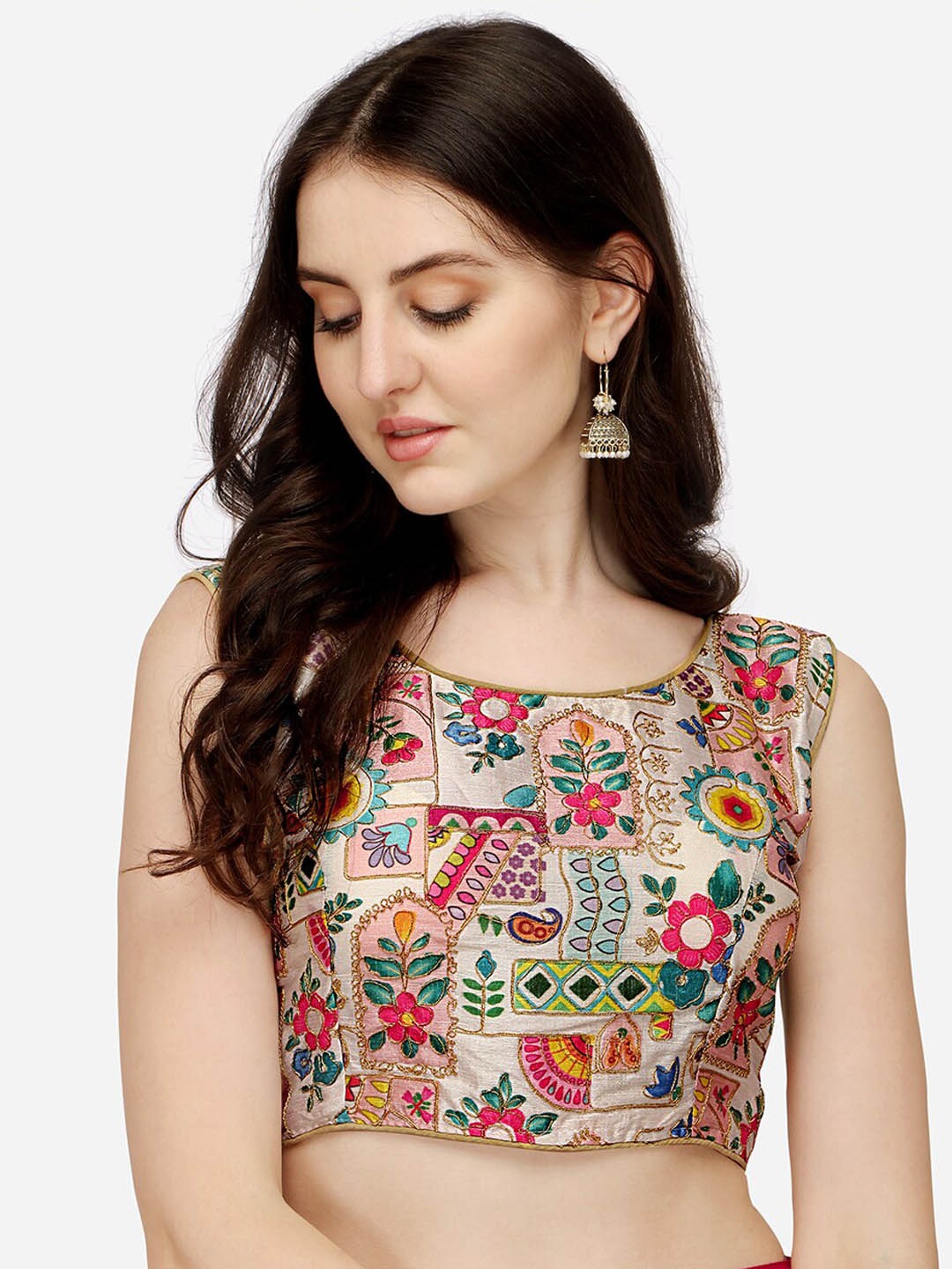 

PUJIA MILL White & Pink Floral Embroidered Printed Silk Saree Blouse