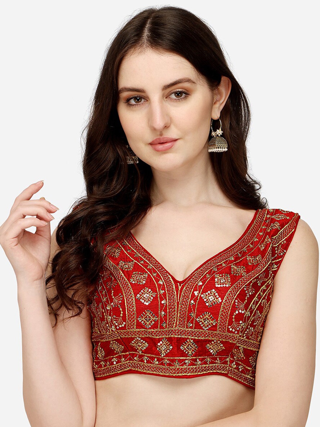 

PUJIA MILLS Women Maroon Sequins Embroidered Padded Saree Blouse