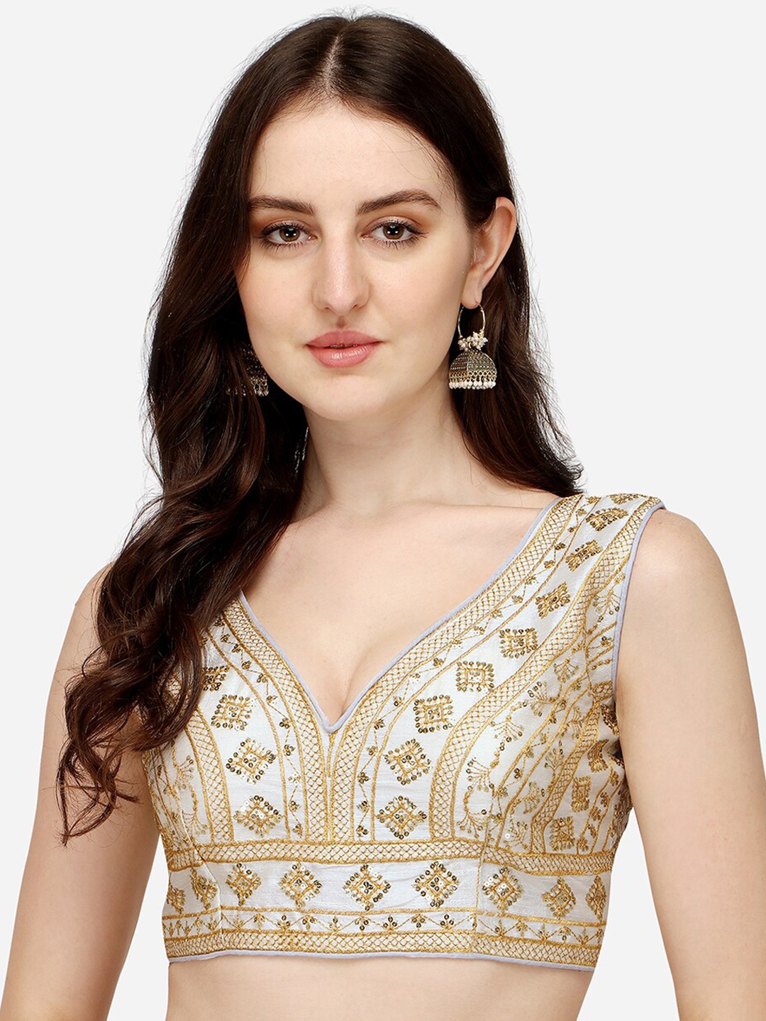 

PUJIA MILLS Women White Embroidered Saree Blouse