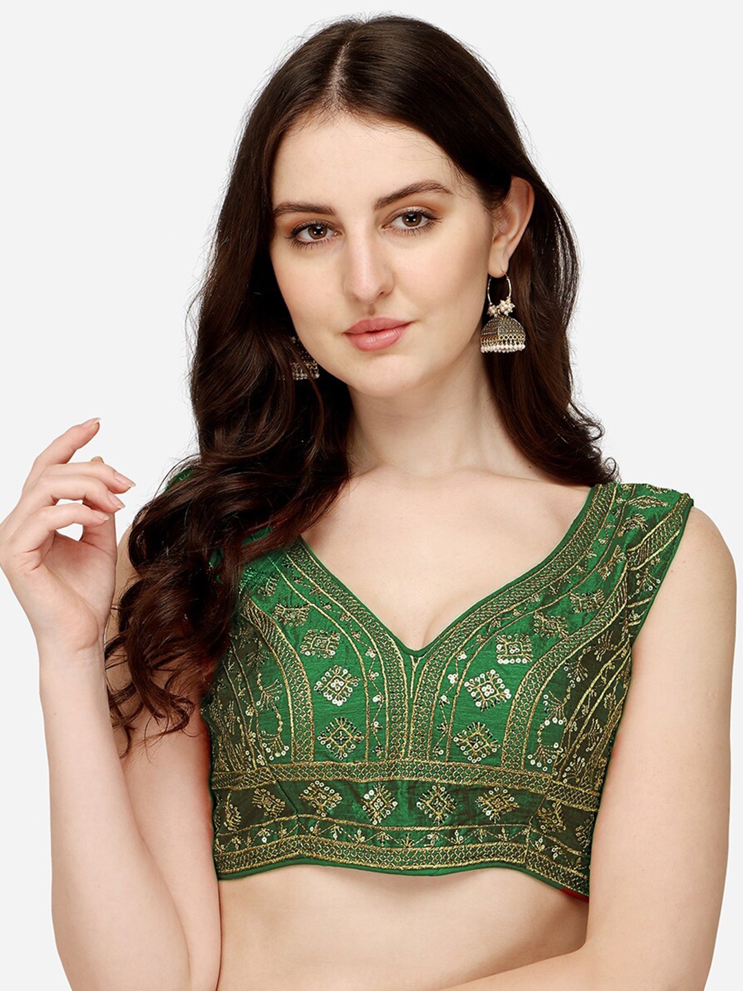 

PUJIA MILLS Green-Colored Embroidered Silk Saree Blouse