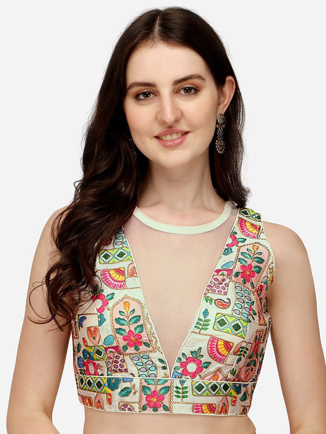 

PUJIA MILLS White & Green Embroidered Saree Blouse