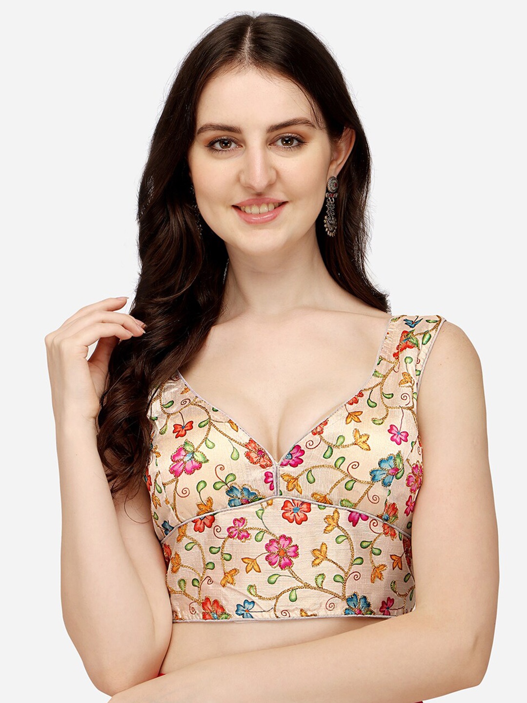 

PUJIA MILLS Women White Digital Printed Embroidery Work Fancy Silk Blouse