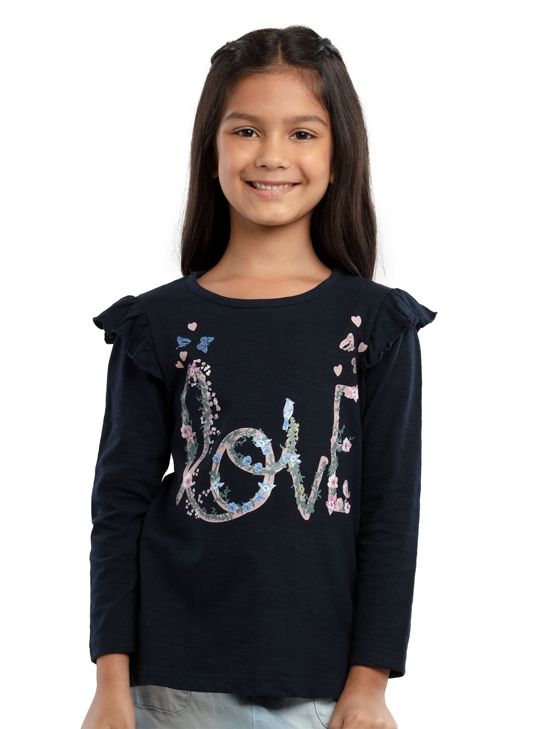 

UNDER FOURTEEN ONLY Girls Navy Blue Print Ruffles Top