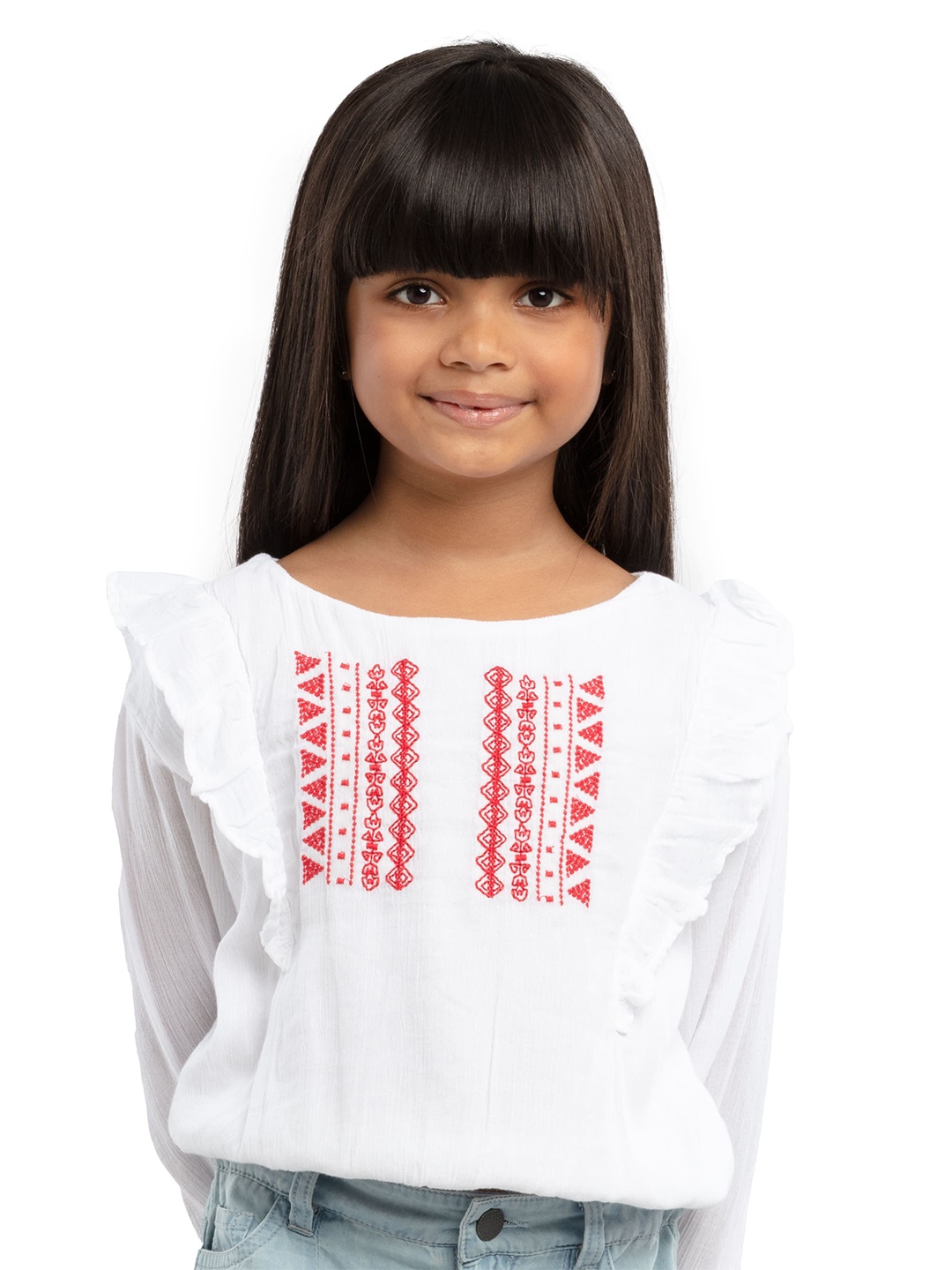 

UNDER FOURTEEN ONLY Girls Ruffle Cuffed Sleeve White Blouson Top