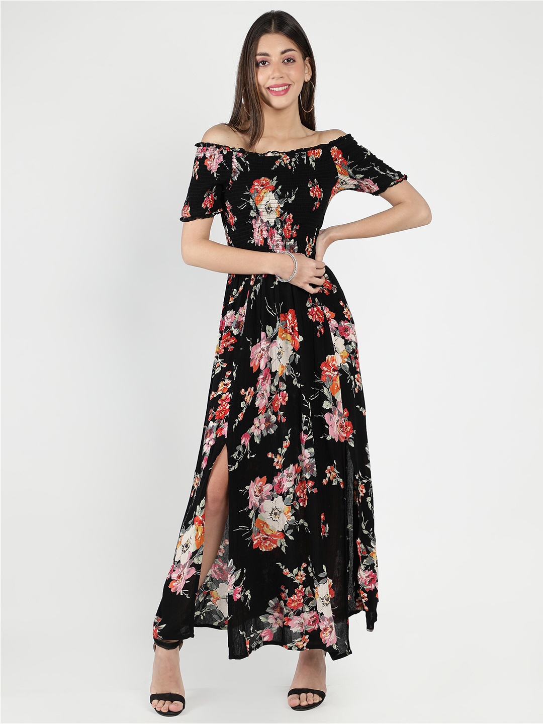 

DEBONATELLA Black Floral Off-Shoulder Crepe Maxi Dress