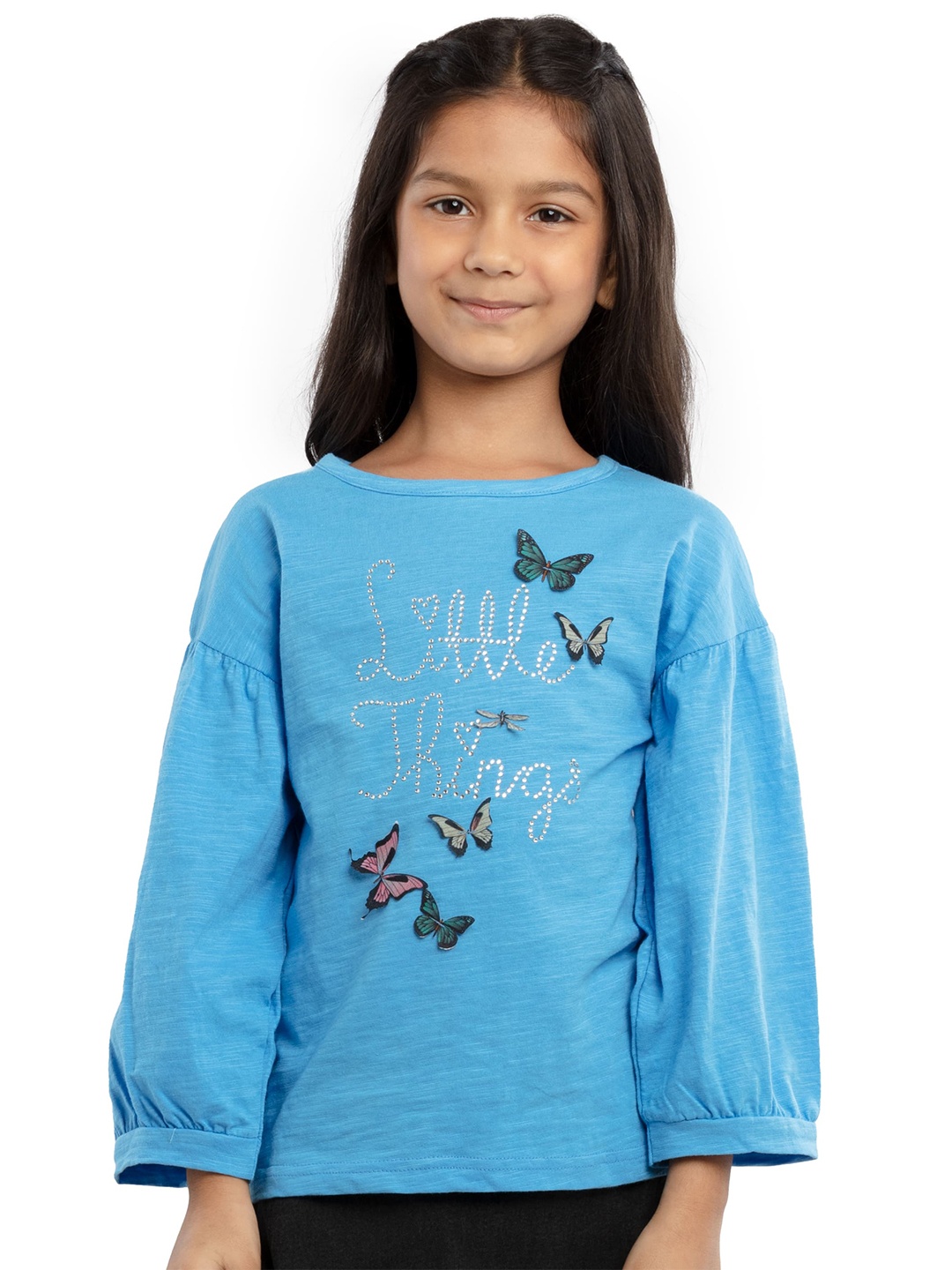 

UNDER FOURTEEN ONLY Girls Blue Print Bishop Sleeves Top