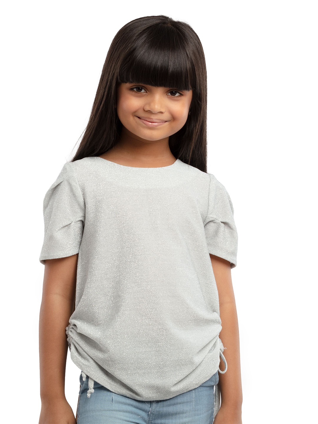 

UNDER FOURTEEN ONLY Girl Grey Solid Short Sleeve Top, Silver